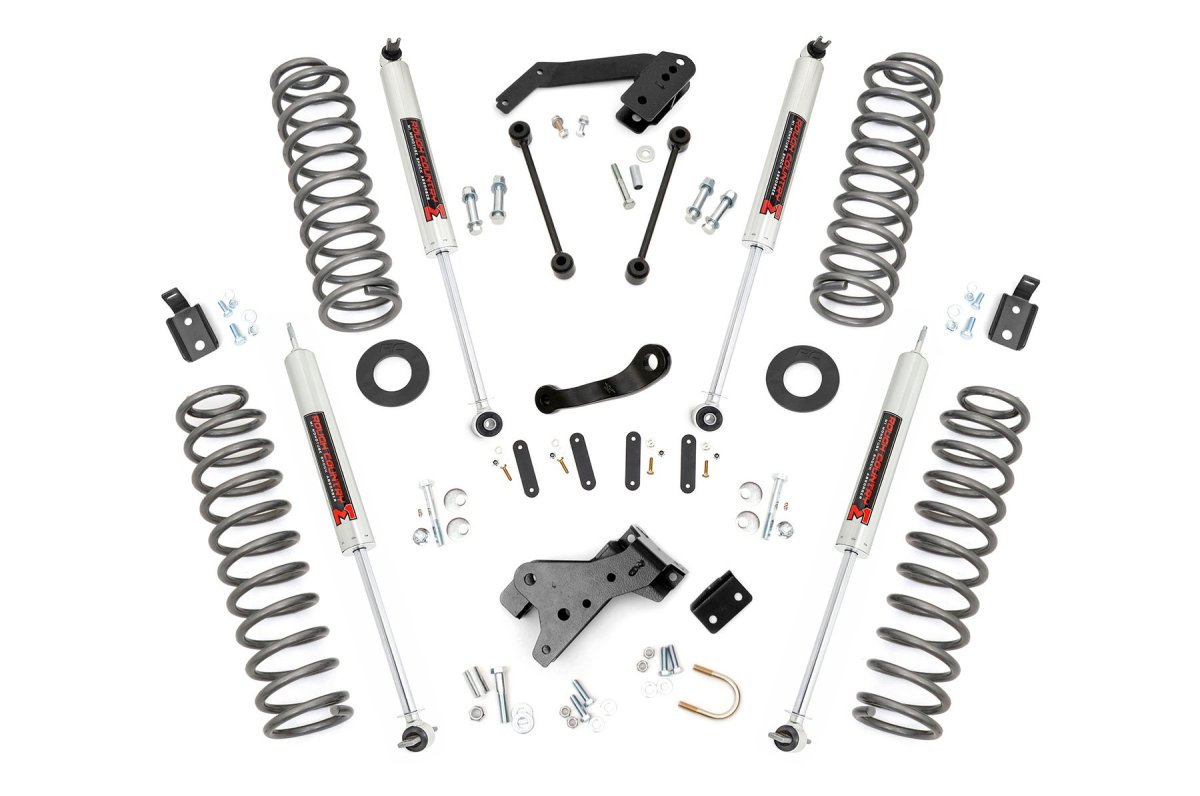 Jeep Wrangler Suspension Lift Kit - Rough Country - M1, 4 Inch Lift, Nitrogen-charged N3, V2 Performance, M1 Monotube - '07-'18